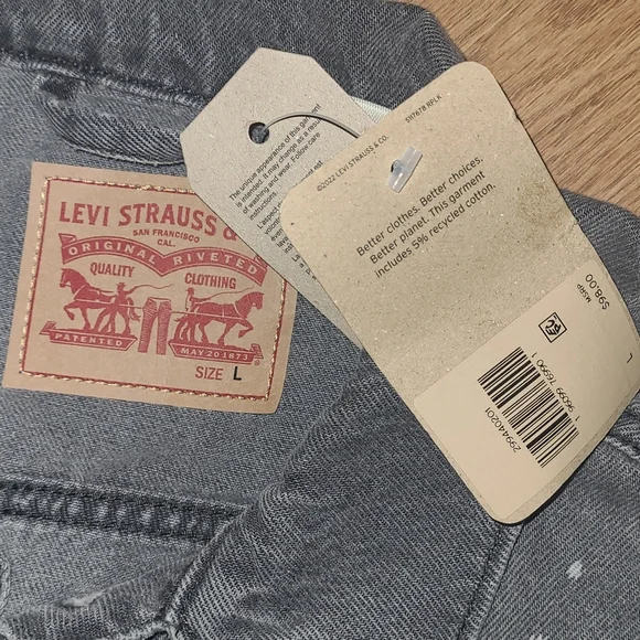 New Levi's lightly distressed paint splatter Gray denim Jean jacket size L - Picture 3 of 4
